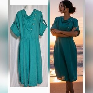 Green and Blue Cowl Neck Midi Sundress with Cuffed Sleeves 100% Linen
